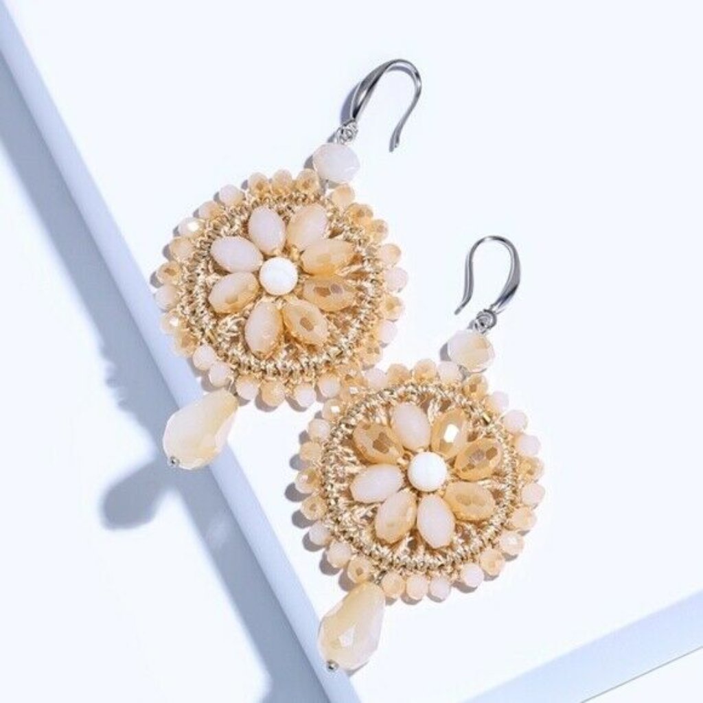 Flower Beige Beaded Round Drop Boho Earrings 16$